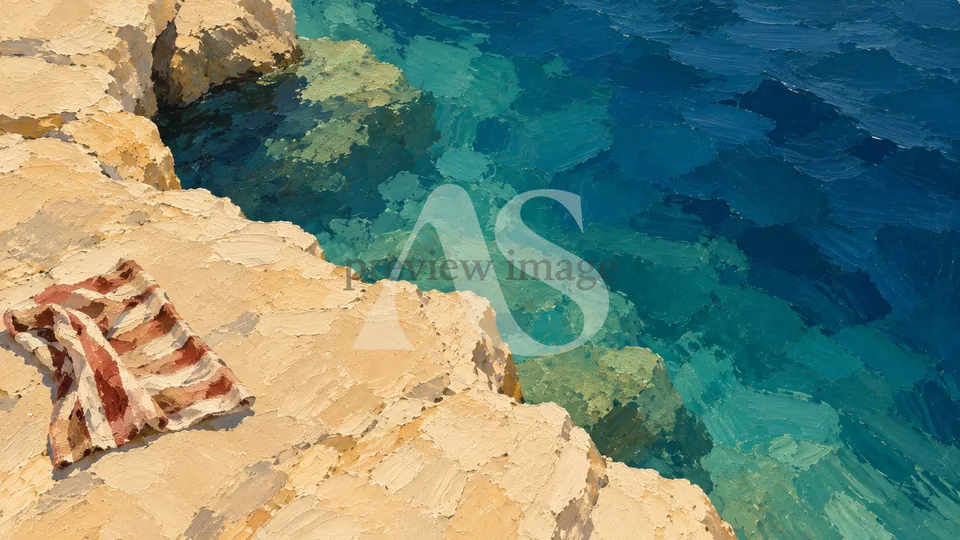 A striped towel on pale seaside rocks beside clear turquoise water.
