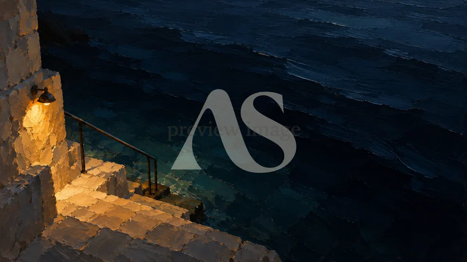 A warm wall lamp illuminating stone steps and a handrail descending into dark blue seawater.